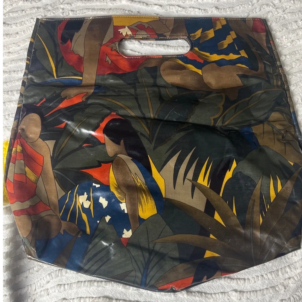 Estro di Firenze Vtg Italian Tropical Art Print Coated Cotton Foldover Clutch‎